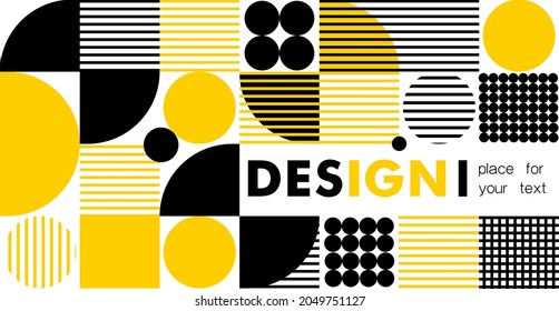 Pancarta abstracta. Vector. Amarillo, blanco negro. Consta de formas simples: círculo, cuadrado, rectángulo.
