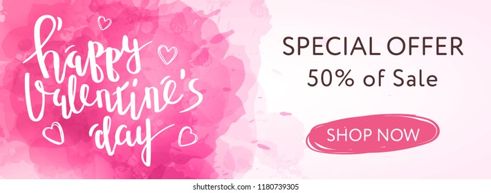 Abstract banner in watercolor style for valentine's day with lettering and doodle hearts.