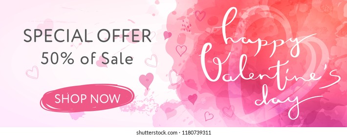 Abstract banner in watercolor style for valentine's day with lettering and doodle hearts.