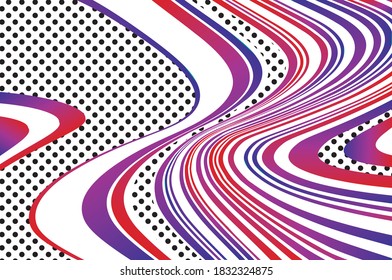 Pancarta abstracta con líneas de gradiente onduladas y puntos negros. Ilustración vectorial. Fondo dinámico torcido