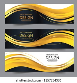 Abstract banner web header waves vector in gold colors. Abstract swoosh texture. Banner background for web design. Can be adapt to Brochure, banner Report, Magazine, Poster, gold banner Presentation.