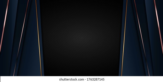Resumen de la plantilla web de banner fondo de lujo azul oscuro con un patrón de triángulos geométricos y líneas doradas y doradas de iluminación dorada rosada. Ilustración del vector