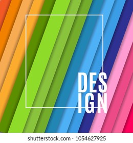 Abstract banner with white frame and text Design on bright colorful background from inclined diagonal stripes Design element of banners advertising sales for business Creative modern concept Vector