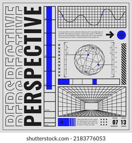 Abstract banner with wireframe 3D figures. Posters with HUD elements, perspective grid, futuristic design elements, chart and model of planet. Retro cyberpunk style flyer