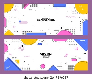 Bandeiras abstratas com padrão geométrico de Memphis. Modelo de folhetos ou cartazes horizontais com formulários gráficos abstratos. Banners funky com amarelo, cor-de-rosa e branco Memphis figuras ou formas padrões