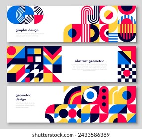 Abstract banners with geometric patterns of minimal shapes and lines. Vector color squares, circles, triangles and arches mosaic background. Modern graphic composition for brochure or flyer template