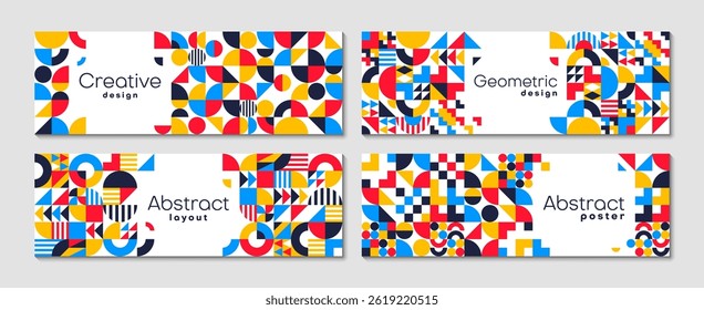 Abstract banners with modern geometric pattern background of color shapes. Vector graphic minimal art banners set with trendy geometric pattern borders of squares, circles, triangles, lines and arches
