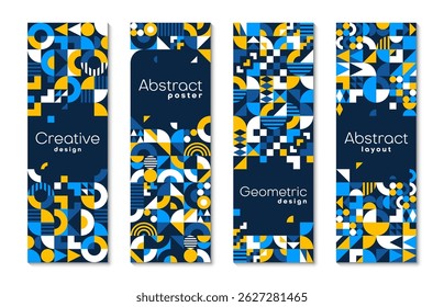 Abstract banners with modern geometric pattern. Business card vertical backgrounds. Vector vintage art layouts or cover templates with bold colors and elements as circles, triangles, dots and squares