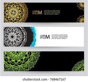Abstract banners set in black and white. Gold and bright green mandala on black background. Beautiful Oriental lace.