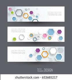 Abstract banners set with image of science innovation concept. Circuit board and hexagons or polygon background. Hi tech digital technology. Abstract futuristic, hexagon shape on white background