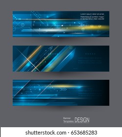 Abstract banners set with image of science innovation concept. Image of circuit board, arrow sign, light rays, stripes lines with blue light, speed movement, motion blur over dark blue background