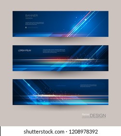 Abstract banners set with image of speed movement pattern and motion blur over dark blue color. Science, futuristic, energy technology concept. Vector background for web banner template or brochure