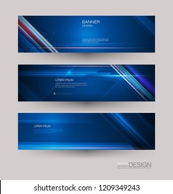 Abstract banners set with image of speed movement pattern and motion blur over dark blue color. Science, futuristic, energy technology concept. Vector background for web banner template or brochure