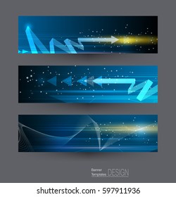 Abstract banners set with image of speed movement pattern and motion blur over dark blue color. Science, futuristic, energy technology concept. Vector background for web banner template or brochure