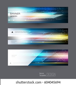 Abstract banners set with image of speed movement pattern and motion blur over dark blue color. Science, futuristic, energy technology concept. Vector background for web banner template or brochure