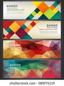 Abstract Banners set. Polygonal geometric and colorful squares. Background with different design elements. Vector.
