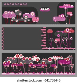 Abstract  banners with trees at night. Game design template. Vector illustration.