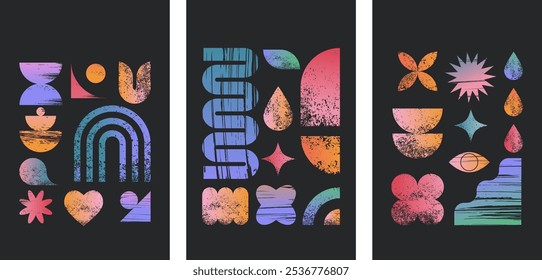 Abstract banners, vertical posters, cards, backgrounds.Geometric graphic shapes, elements, various forms collection, Brutalist vector shapes, trendy retro design symbols. Vector concept illustrations
