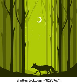 abstract banners of wild fox in forest with trunks of trees. Vector Illustration