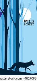 abstract banners of wild fox in forest with trunks of trees. Vector Illustration