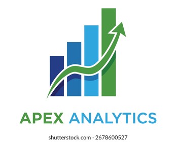 Gráfico de barras Abstractas con una flecha de tendencia ascendente, que representa el crecimiento y el análisis. El texto 'APEX ANALYTICS' se muestra a continuación.