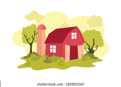 Abstract Barn House, Farm Ranch Vector illustration with grass and trees, simple and cute with flat design