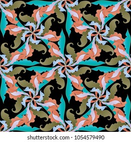 Abstract baroque style seamless pattern. Kaleidoscope floral vector background. Scroll hand drawn leaves. Beautiful modern leafy ornaments. Colorful bright ornate design. Endless texture. 