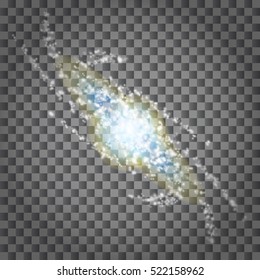 Abstract barred spiral galaxy, outer space, isolated on transparent background. Gold glittering stars,sparkling dust. Hand drawn elements, vector illustration, separated editable layers and brushes.