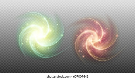 Abstract barred spiral galaxy, outer space, isolated on transparent background. Gold glittering stars,sparkling dust. Hand drawn elements, vector illustration, separated editable layers and brushes.