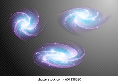 Abstract barred spiral galaxy, outer space, isolated on transparent background. Gold glittering stars,sparkling dust. Hand drawn elements, vector illustration, separated editable layers and brushes.