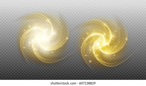 Abstract barred spiral galaxy, outer space, isolated on transparent background. Gold glittering stars,sparkling dust. Hand drawn elements, vector illustration, separated editable layers and brushes.