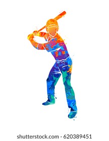 Abstract baseball player hitting the ball from splash of watercolors. Vector illustration of paints.