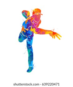 Abstract baseball player hitting the ball from splash of watercolors. Vector illustration of paints.