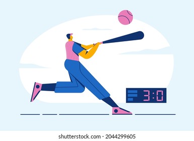 Abstract baseball player man with ball performing batter with bat, 3 score on board, cartoon character, Vector illustration