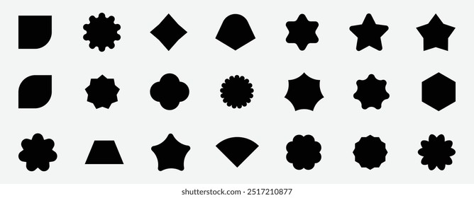 Coleção de formas básicas abstratas. Forma formal geométrica. Elementos poligonais. Figura básica minimalista da moda, círculos, hexágono, estrela, estilo plano. Ilustração vetorial