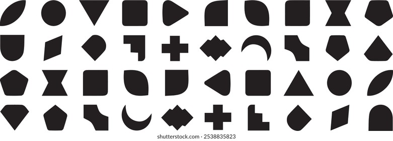 Abstract and basic shapes collection. Minimalist symbols. Black Iconography. Flat vector icon. Icons set. Primitive forms. Modernist abstract geometric shapes. Geometric elements. Brutalist design.