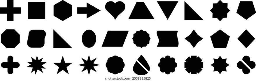 Abstract and basic shapes collection. Minimalist symbols. Black Iconography. Flat vector icon. Icons set. Primitive forms. Modernist abstract geometric shapes. Geometric elements. Brutalist design.