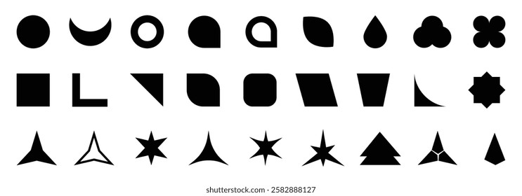 Abstract and basic shapes collection. Vector basic shape. Geometric formal shape. Polygonal elements. Modern trendy minimalist basic figures, lines, circles, hexagon, star, triangle flat style. Vector