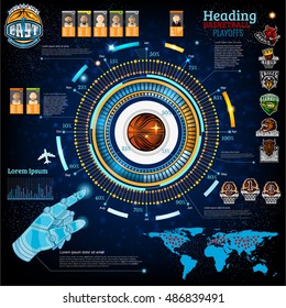 Abstract basketball info graphic in computer game style. Vector background with information, chart, diagrams