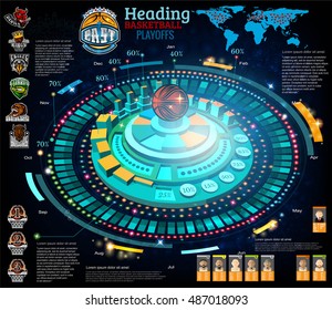 Abstract basketball info graphic in computer game style. Vector blue background with information, chart, diagrams