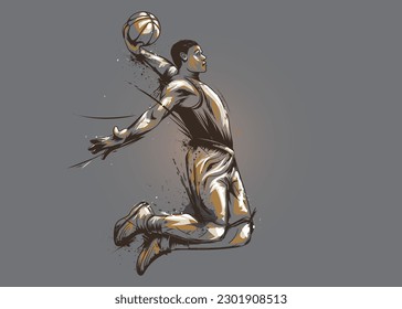 Abstract basketball player with ball. illustration of a basketball player holding a ball with hand sketch. Line Drawing of Basketball Player in action vector.