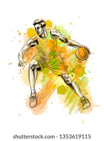 Abstract basketball player with ball from a splash of watercolor, hand drawn sketch. Vector illustration of paints