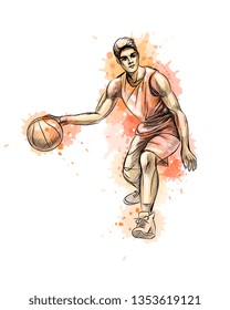 Abstract basketball player with ball from a splash of watercolor, hand drawn sketch. Vector illustration of paints