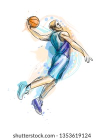 Abstract basketball player with ball from a splash of watercolor, hand drawn sketch. Vector illustration of paints