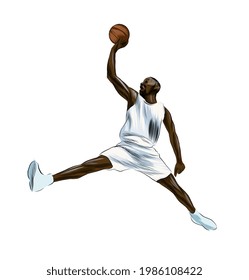 Abstract basketball player with ball from splash of watercolors, colored drawing, realistic. Vector illustration of paints