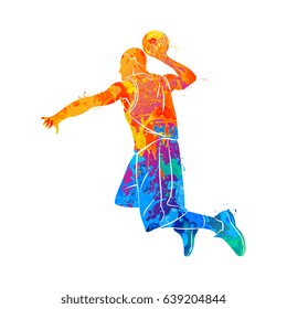 Abstract basketball player with ball from splash of watercolors. Vector illustration of paints.