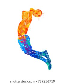 Abstract basketball player with ball from splash of watercolors. Vector illustration of paints.