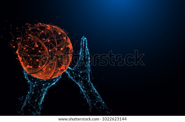 バスケットボールの抽象的な選手がバスケットボールの線と三角形を手で打ち 青の背景にネットワークをポイント接続します イラストのベクター画像 のベクター画像素材 ロイヤリティフリー