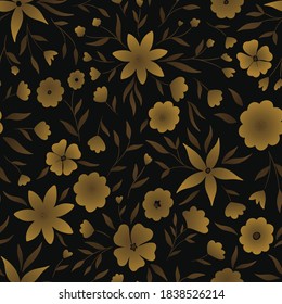 Abstract Batik flowers seamless pattern. Gold on black background. Vector illustration for surface design, print, poster, icon, web, graphic designs.