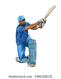 Abstract batsman playing cricket from splash of watercolors, colored drawing, realistic. Vector illustration of paints